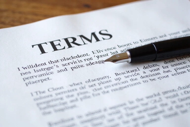 Detailed legal document with a stamp and pen, symbolizing terms of service